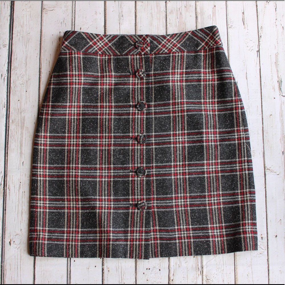 Loft Plaid Button Up Pencil Skirt in Grey & Red